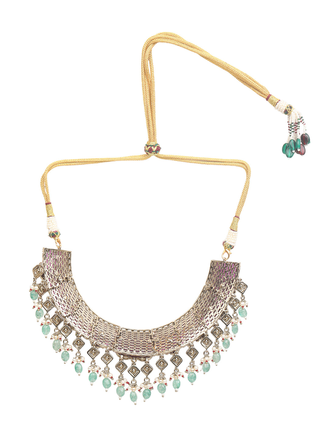 Kundan bridal necklace set with pink stones, green bead drops, and matching statement earrings in gold tone