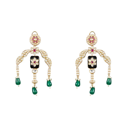 Designer gold-plated kundan necklace set with floral enamel motifs, pink stone accents, sparkling white kundan work, green bead drops, and matching statement earrings.