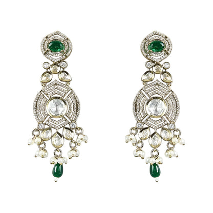 Emerald green stone Kundan bridal choker necklace set with crystal detailing and matching long earrings
