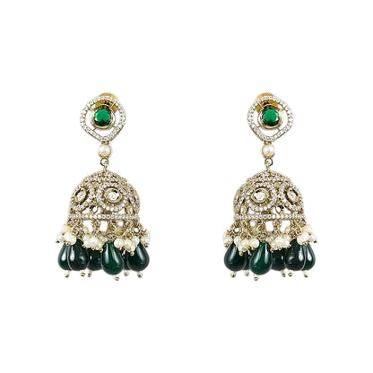 Traditional green Kundan choker necklace set with Polki stones, pearl detailing, green bead drops, and matching jhumka earrings for bridal and wedding wear.