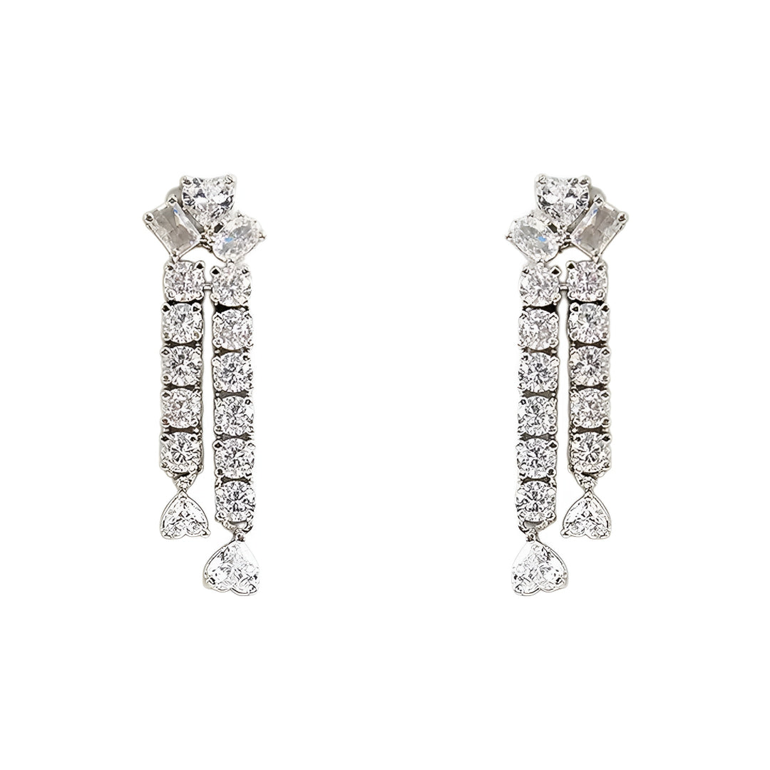 Silver-tone layered crystal necklace with matching drop earrings featuring sparkling clear stones in an elegant bridal jewelry design.