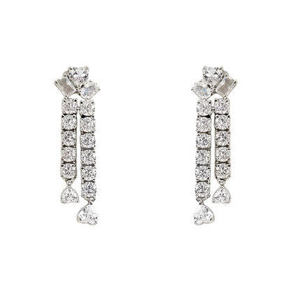 Silver-tone layered crystal necklace with matching drop earrings featuring sparkling clear stones in an elegant bridal jewelry design.