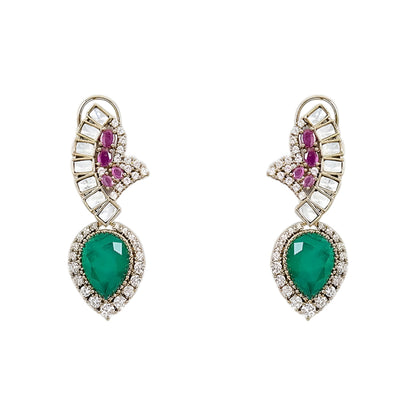 Luxury emerald, ruby and diamond necklace set with matching earrings in white gold featuring pear-shaped emerald gemstones, pink ruby accents and sparkling diamond detailing.