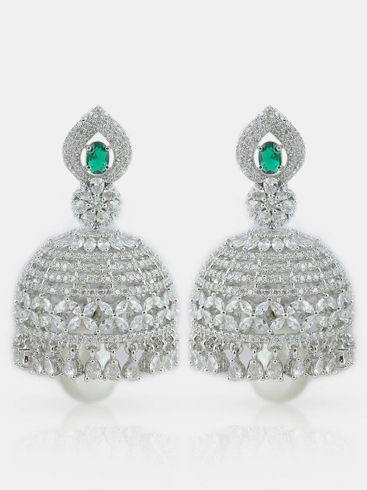 Glamourous Rhodium Plated American Diamond Jhumka Earrings