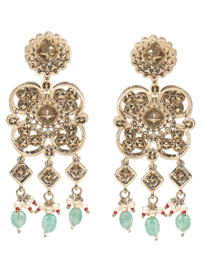 Kundan bridal necklace set with pink stones, green bead drops, and matching statement earrings in gold tone