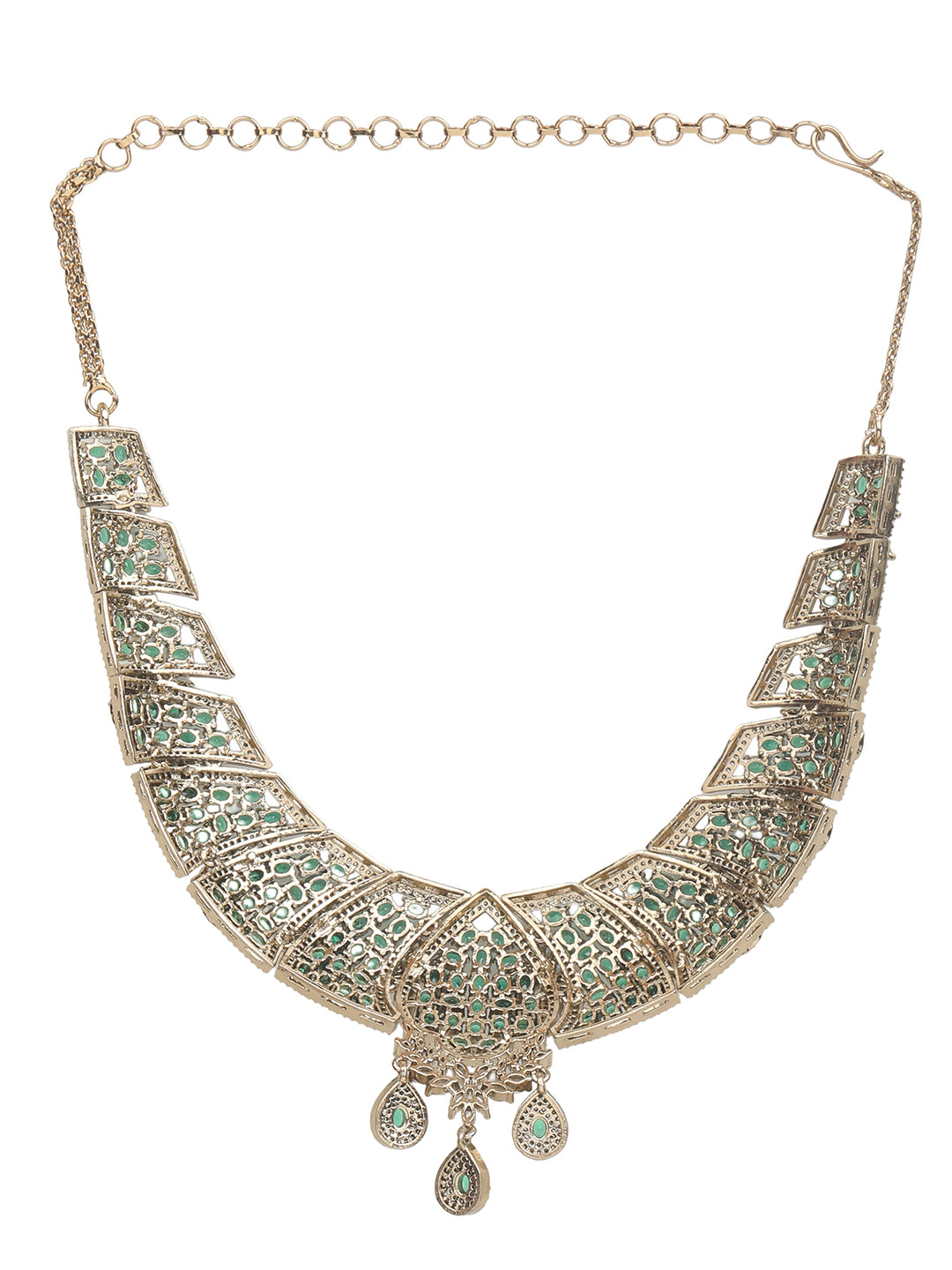 Emerald and diamond statement necklace set with matching drop earrings in gold finish