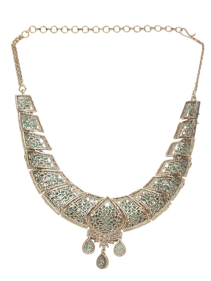 Emerald and diamond statement necklace set with matching drop earrings in gold finish