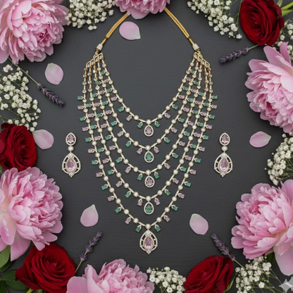 Premium Multi-Layered Kundan Necklace Set with Pastel Pink & Green Stones