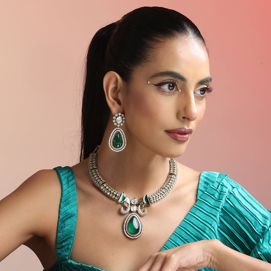 Pear Drop Emerald Diamond Look Necklace Set – Dazzling Green Stone Bridal Jewelry