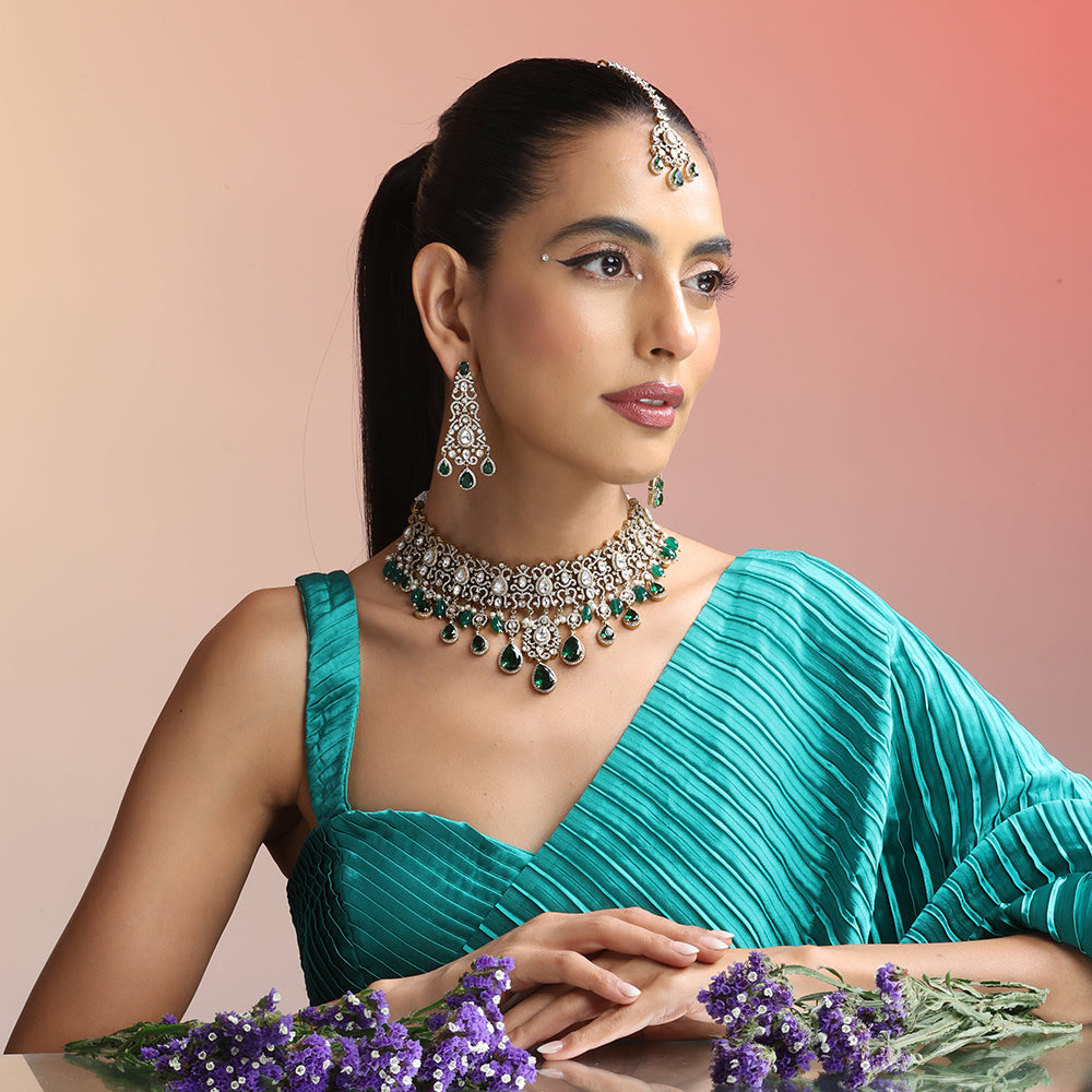 Buy Necklace Set, 
Buy Moissanite Polki Jewellery Set, 
Buy necklace set for wedding party, 
Buy Auraa Trends, 
Buy Green Necklace Set