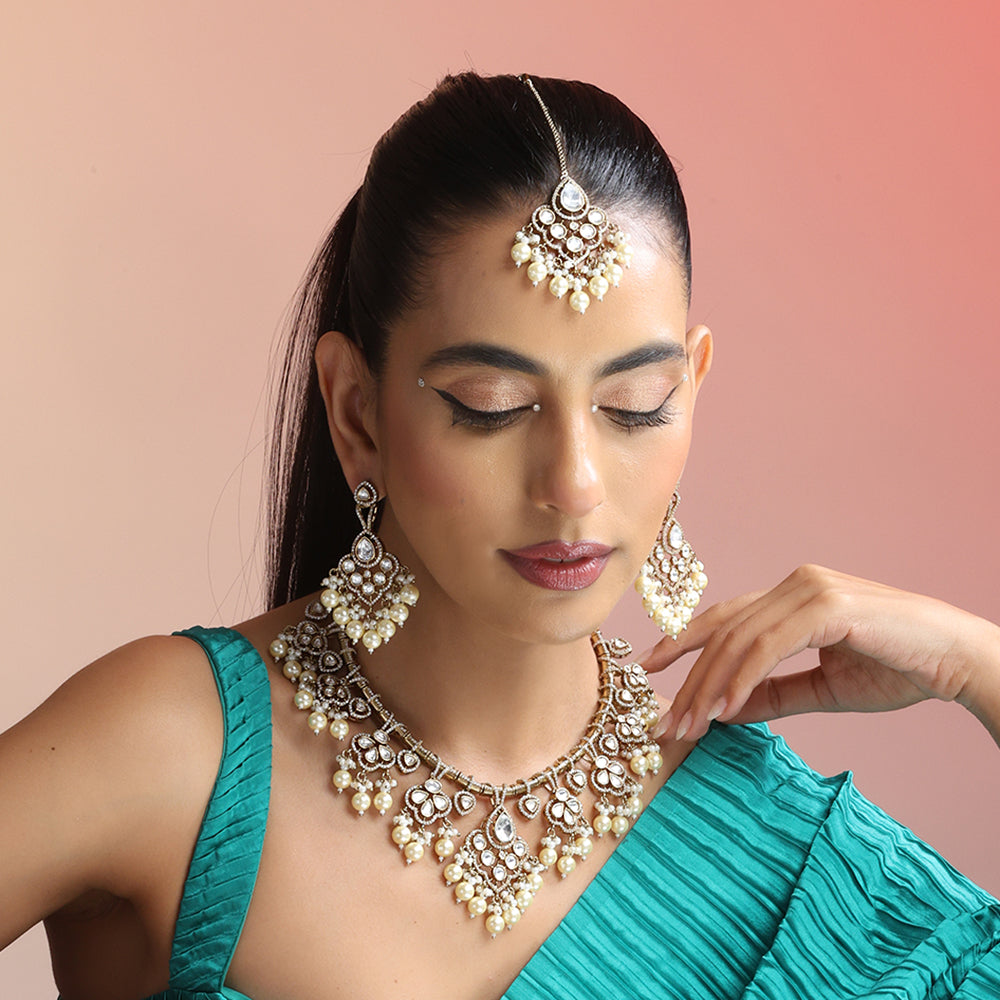 Royal Pearl Kundan Necklace Set – Traditional Elegance with Grand Chandbaali Vibes