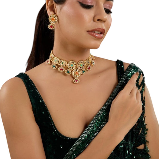 Multicolor Kundan Bridal Choker Necklace Set with Matching Earrings