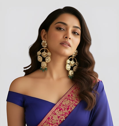 Gold-Plated Kundan Hoop Earrings with Green Beads for Women