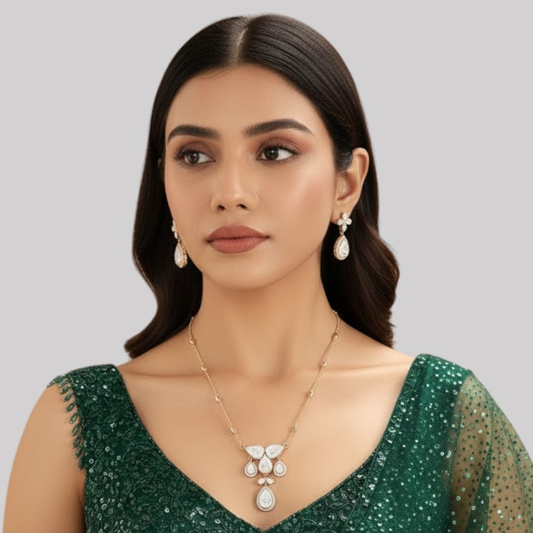 Sophisticated Polki Crystal Drop Necklace Set with Flower Stud Earrings