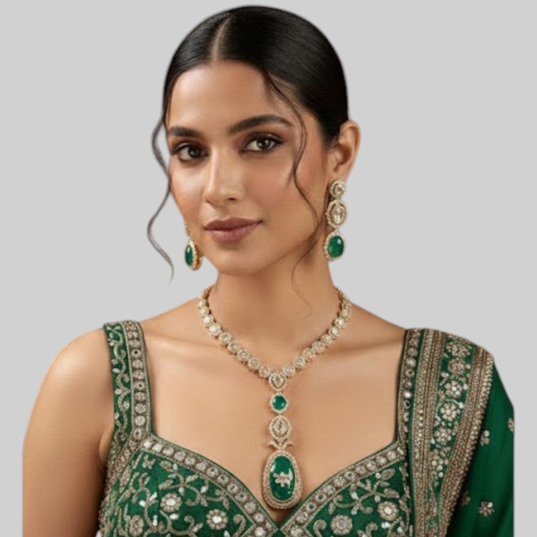 Regal Long Pendant Necklace Set with Emerald Green Centerpiece – Statement Bridal Jewelry