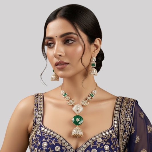 Regal Temple-Inspired Long Pendant Necklace Set with Green Accents and Bell Charm – Bridal Jewelry Set