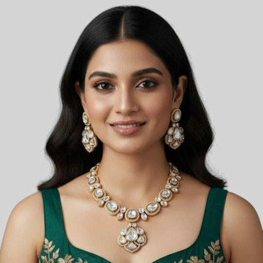 Bridal Kundan-Style White Stone Necklace Set with Earrings
