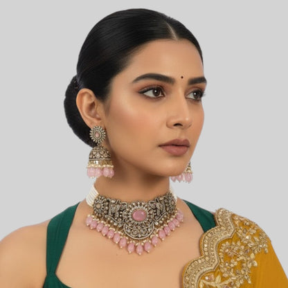 Antique Oxidized Pink Beads Choker Necklace Set with Earrings for Women