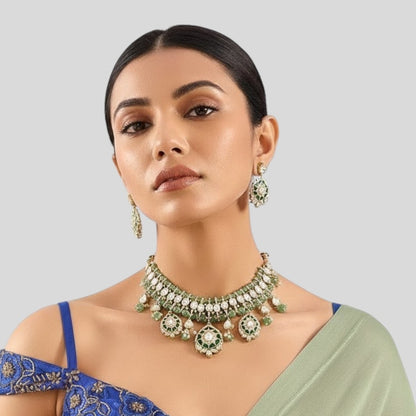 Royal Emerald Drop Kundan Choker Set with Pearl Detailing