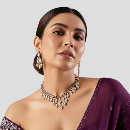 Bridal Kundan Choker Necklace Set with Ruby Red Stones & Earrings - Auraa Trends