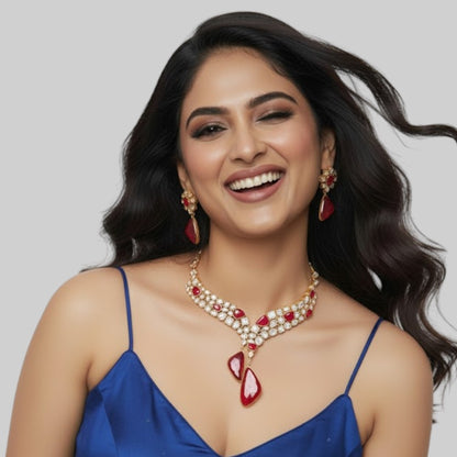 Ruby Red Stone Studded Choker Necklace Set with Gold-Plated Drop Earrings