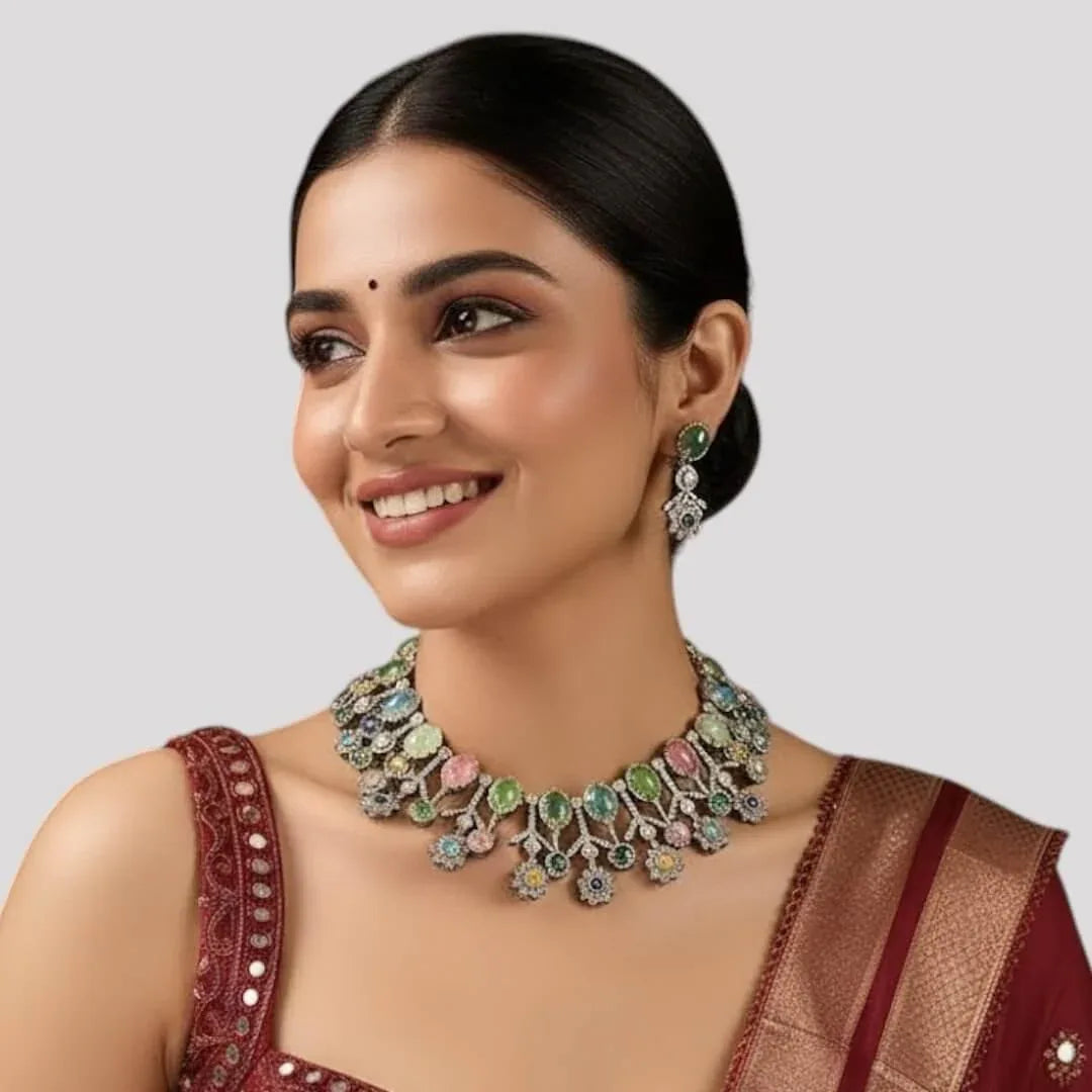 Designer Multicolor Polki Kundan Choker Necklace Set with Earrings for Women - Auraa Trends