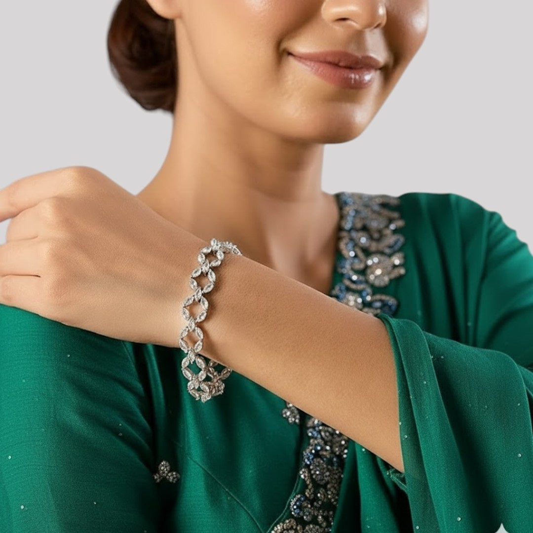 Elegant Silver-Toned Cubic Zirconia Leaf Design Bracelet for Women