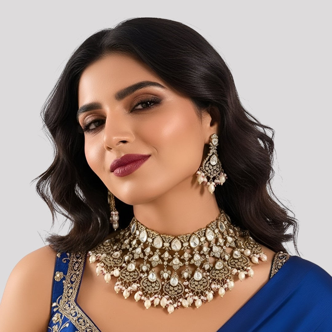 Royal Kundan Pearl Choker Necklace Set with Complementary Earrings – Antique Gold Finish