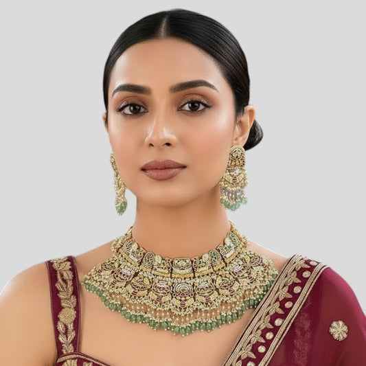 Bridal Kundan Polki Choker Necklace Set with Maang Tikka & Earrings