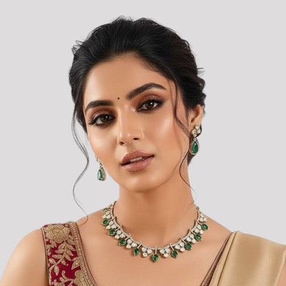 Stylish Emerald and CZ Stone Women's Necklace &amp; Earring Set
