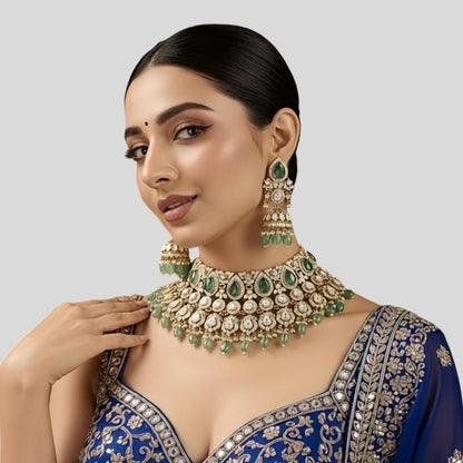 Royal Green and White Kundan Choker Necklace Set with Mint Beads