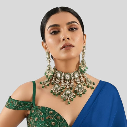Regal Kundan and Emerald Green Beaded Choker Necklace Set