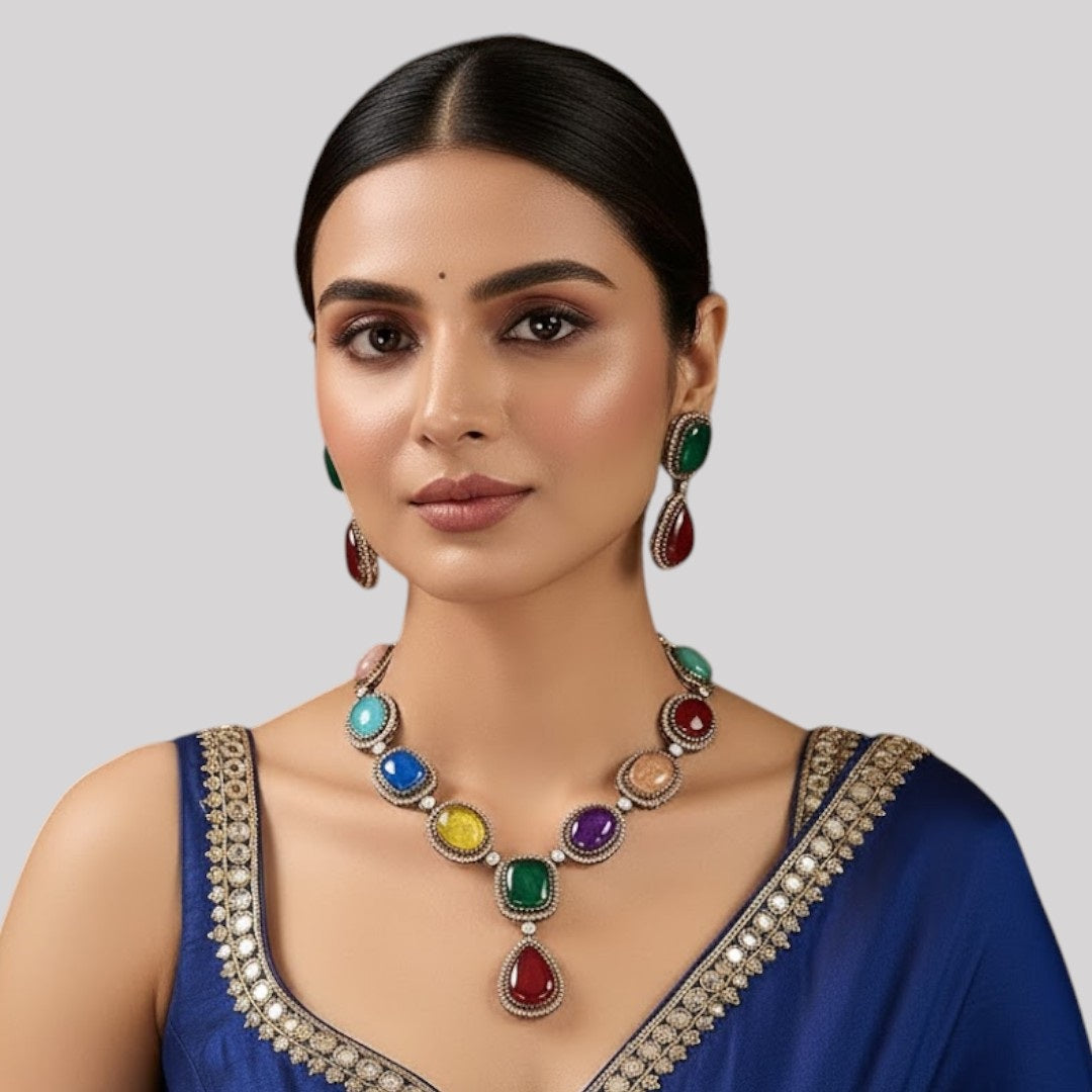 Luxury Multicolor Stone Statement Necklace Set with Earrings for Women