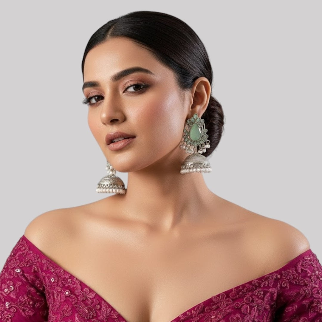 Oxidized Silver Jhumka Earrings with Mint Green Stones & Pearl Drops