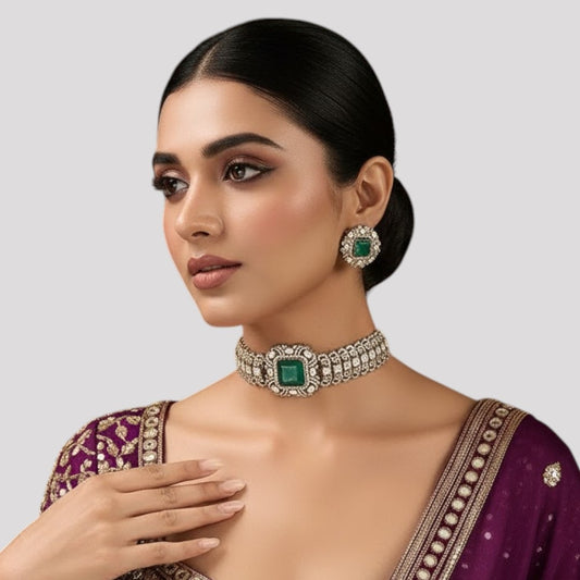 Green Stone Studded Kundan Choker Necklace Set with Matching Earrings for Women