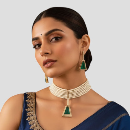 Gold Finish Pearl & Emerald Drop Choker Pendant Necklace Set – Traditional Bridal Jewelry for Weddings & Festive Wear