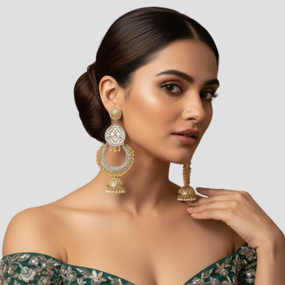 Dual-Tone Ethnic Dangler Earrings with Filigree Design & Jhumka Bell