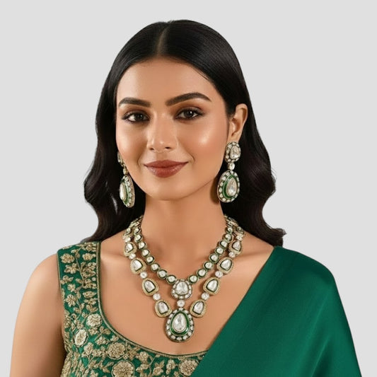 Green Meenakari Kundan Polki Necklace Set with Earrings | Bridal & Festive Jewelry
