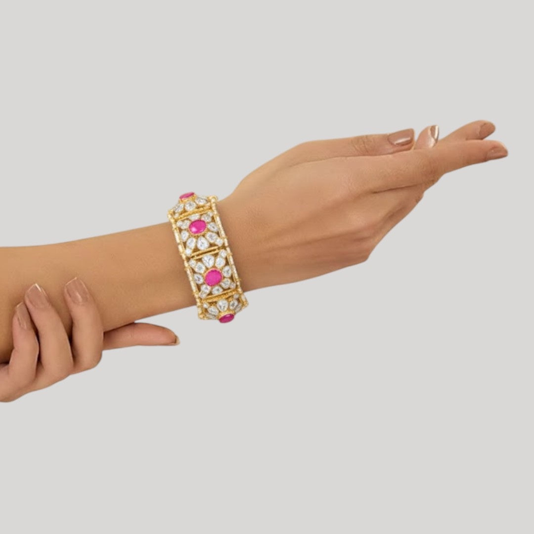 Gold-Plated Ruby & Kundan Stone Bridal Bracelet Kada for Women