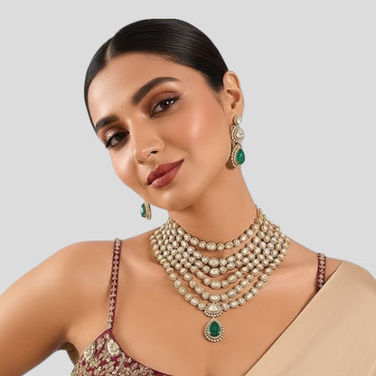 Royal Layered Kundan Choker Necklace  Earrings Set with Emerald Drop