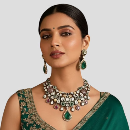 Gold Finish Kundan Polki & Multi-Colored Stone Choker Necklace Set