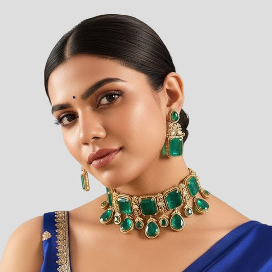 Emerald Drop Choker Necklace Set