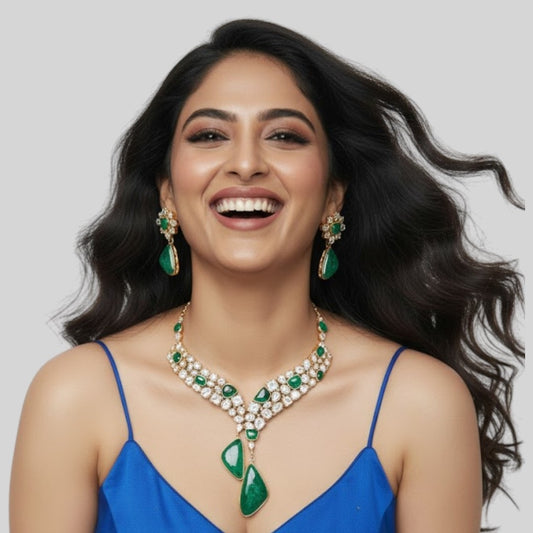 Designer Green Stone & Pearl Studded Choker Necklace Set with Drop Earrings for Women