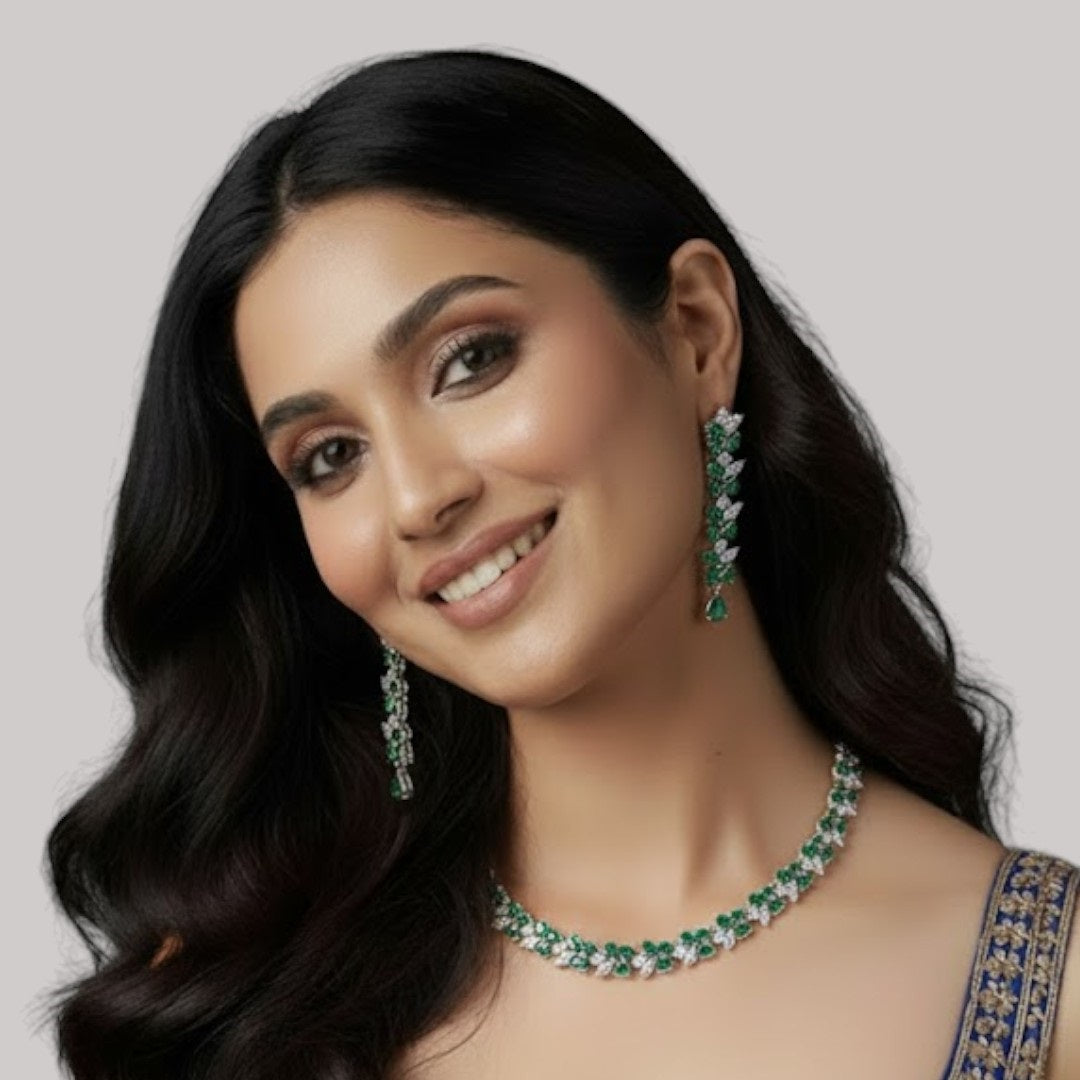 Graceful Green &amp; White Stone Necklace Set with Matching Earrings