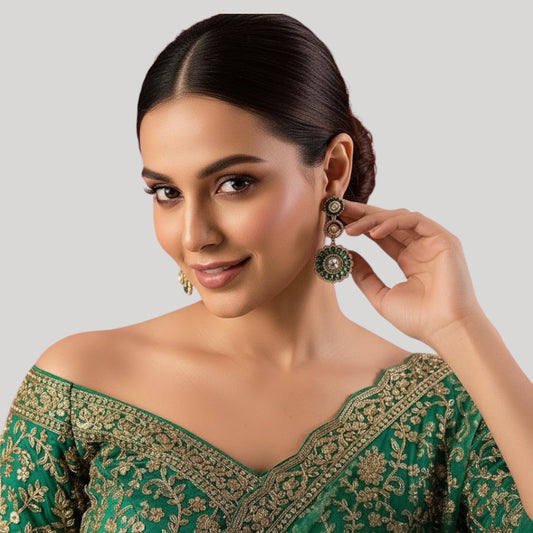 Antique Gold-Plated Green Kundan Floral Dangle Earrings for Women
