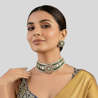 Royal Emerald Kundan Choker Necklace Set with Designer Stud Earrings
