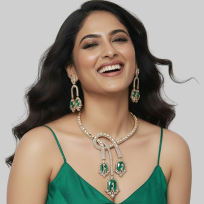 Designer Emerald Green Enamel & CZ Statement Choker Necklace Set with Long Dangler Earrings
