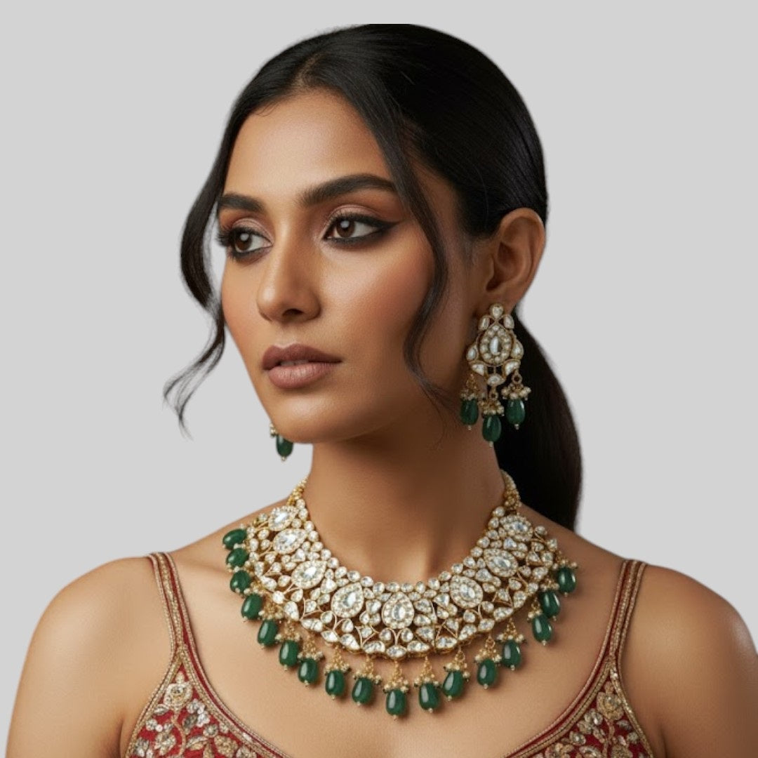Kundan Gold-Plated Bridal Choker Necklace Set with Green Beads & Earrings
