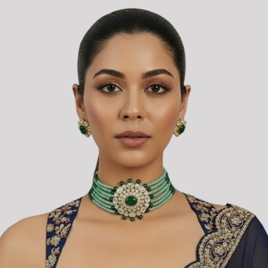 Kundan & Green Beaded Choker Necklace Set with Stud Earrings for Women