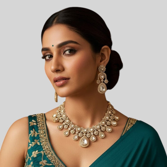 Gold Finish Kundan Polki Choker Necklace Set – Traditional Indian Jewelry for Weddings & Festivals